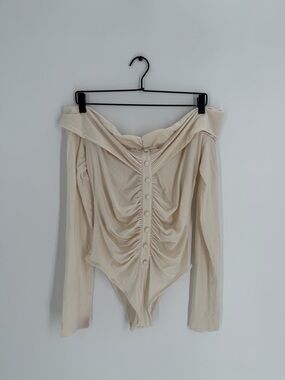 The Line By K Lunar Off The Shoulder Shirting Button Front Bodysuit In Vanilla